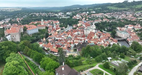 Wall Mural - Czechia. Cesky Krumlov. A beautiful and colorful historical Czech town. The city is UNESCO World Heritage Site on Vltava river. Aerial view from drone. Czech, Krumlov. 