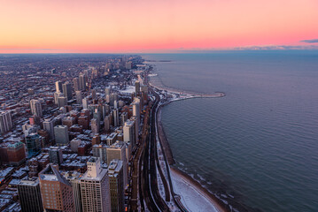 Wall Mural - Cityscape aerial view of Chicago from observation deck at sunset.