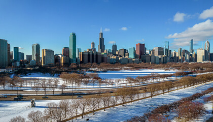 Wall Mural - View of Chicago skyline in winter.