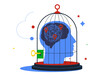 Bird cage lock over depressed fearful human brain. Fixed mindset, negative emotion refuse to learn anything new, mental lock, aversion disorder.