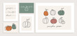Happy Thanksgiving greeting card set with continuous line art pumpkins and lettering vector illustration.