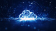 Cloud and edge computing technology concepts with cybersecurity protection. There is a large cloud icon that stands out in the middle. Binary code polygon and small icons on dark blue background.