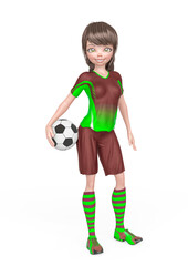 Wall Mural - soccer girl is smiling and ready to play football with the ball under her arms in white background