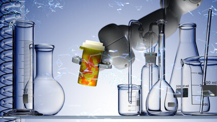 Wall Mural - modern high tech authentic robot arm holding bottle of pills.