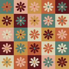 70 S Seamless Pattern. Retro Flower Geometric Seamless Background In Seventies Style. Groovy Scrapbook Paper. Yellow, Orange, Brown, Green Colors Vector Pattern