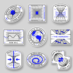 Sci Fi geometric stickers. Futuristic space shapes in different forms. Badges with wireframe 3D figures. Perspective grid, futuristic design elements, chart and black hole