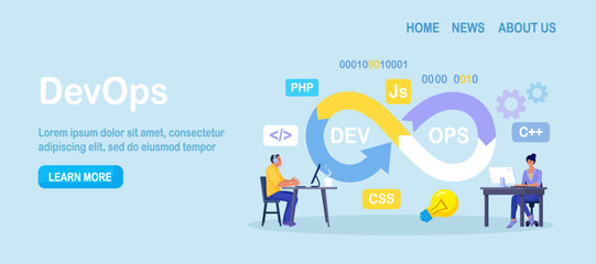 DevOps concept. Programmers practice of development and software operations. Developer working on operations process, technical support, programming code. Programmer using devOps method. Vector design