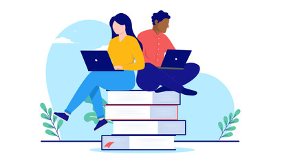 Leinwandbilder - Studying and education - Man and woman students sitting on books with computer learning and taking online courses. Flat design vector illustration with white background