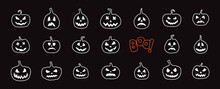 Vector Set With Pumpkins Silhouette At Black. Halloween Pattern Background With Jack O Lantern.