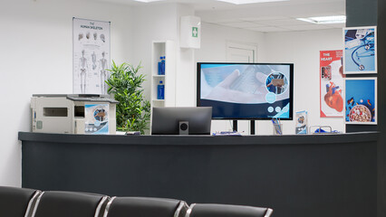 Medical center hospital reception counter to help patients at checkup visit appointments, healthcare system. Empty waiting room and medical facility lobby, private exam center.