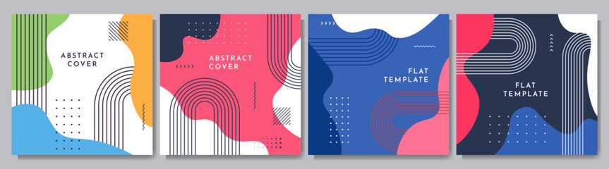 Vector illustration. Set of abstract modern art backgrounds. Simple geometric shapes. Lines and waves. Boho minimalist style. Vibrant color. Design elements for social media template, blog post, card