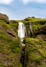 Þórsmerkurvegur, Iceland - July 3, 2022 Vertical view of Gljúfrafoss or Gljúfrabúi a small waterfall north of the larger falls of Seljalandsfoss in South Iceland.