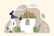 Mental Health Concept. Girl Watering Flowers In Abstract Head Silhouette. Metaphor Of Positive Psychology And Optimism. Conscious And Subconscious, Happiness. Cartoon Flat Vector Illustration