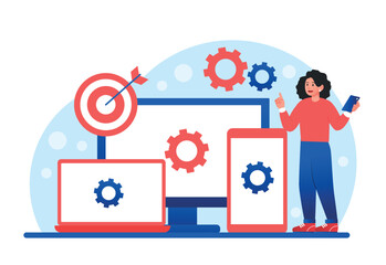 Poster - Multi device concept. Woman next to smartphone, tablet, tv and laptop. Synchronization of gadgets, wireless connection. Cloud storage, app and software updates. Cartoon flat vector illustration