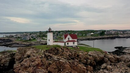 Canvas Print - Nubble Lighthouse in Maine Drone Video at Sunrise 