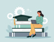 Girl preparing diploma. Student writes thesis on laptop, distance learning and homework. Preparing for test or exam. Knowledge and education, search for information. Cartoon flat vector illustration