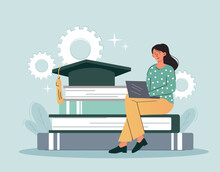 Girl Preparing Diploma. Student Writes Thesis On Laptop, Distance Learning And Homework. Preparing For Test Or Exam. Knowledge And Education, Search For Information. Cartoon Flat Vector Illustration