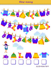 Educational Page For Little Children. How Many Clothes Can You Find In The Picture? Count The Quantity And Write The Numbers. Printable Worksheet With Exercise For Kids. Logic Puzzle Game.