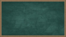 Empty Green Chalkboard Background With Wooden Frame. Dirty Erased Chalk Texture On Blank Blackboard With Copyspace And Wood Border. Restaurant Menu Or Back To School Education Concept. 3D Rendering.
