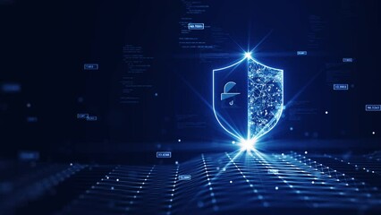 Leinwandbilder - Cybersecurity data protection technology concept internet connection online network. There is a prominent shield on the right. Slow moving binary code polygon on dark blue background.