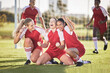 © Alexis Scholtz/peopleimages.com - Celebrate, winning and success female football players with fist pump and hurray expression. Soccer team, girls or friends on a field cheering with victory sign, celebrating win in a sports match
