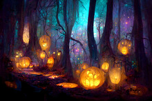 Glowing Pumpkin Heads In Dark Halloween Magic Forest, Neural Network Generated Art. Digitally Generated Image. Not Based On Any Actual Scene Or Pattern.