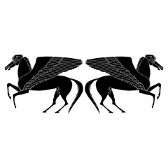 Wall Mural - Symmetrical design or frame with two winged horses. Ancient Greek Pegasus. Black and white silhouette.