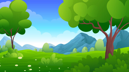 Wall Mural - Nature Summer forest landscape with mountains green field, trees under blue sky