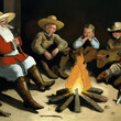 Strange painting of Santa Claus with friends sitting by a campfire at Christmas, singing songs