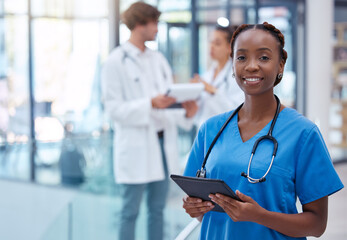 Sticker - Nurse, professional and healthcare worker with tablet in medical center, clinic and hospital while analyzing test result. Portrait of frontline worker showing trust, care and knowledge about medicine