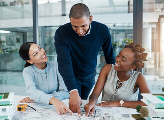 Poster - Blueprints, building engineers and architects pointing, showing and smiling in meeting to plan renovation or remodel. Diverse group of designers agreeing and choosing structure design or vision ideas