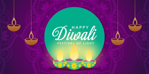 Wall Mural - happy diwali in purple background and with rangoli brighten up