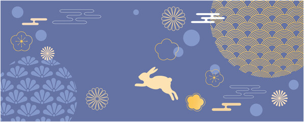 Mid autumn festival background graphic. a Rabbit, full moon and traditional patter graphic banner. Chinese and asian traditional autumn background. Vector illustration.