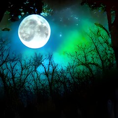 Wall Mural - Path in dark fairy tale forest with big full moon glowing at night