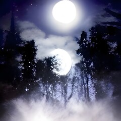 Wall Mural - Path in dark fairy tale forest with big full moon glowing at night