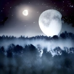 Wall Mural - Path in dark fairy tale forest with big full moon glowing at night
