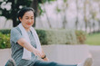© Suriyo - Old Asian woman exercise outdoor, Asian woman happy retirement