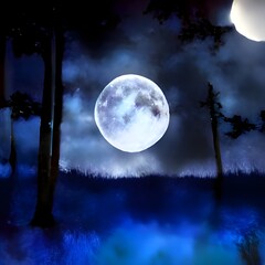 Wall Mural - full moon on a mystical forest lake at night