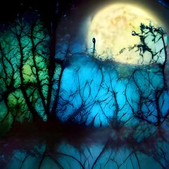 Wall Mural - full moon on a mystical forest lake at night