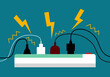 Plug in full power outlet strip overload in flat design. Electrical short circuit danger concept vector illustration.