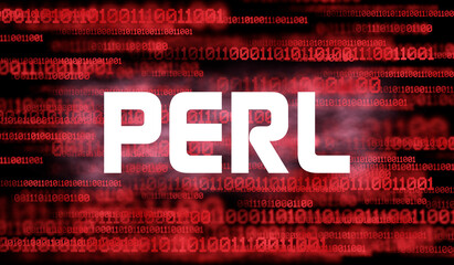 Wall Mural - word perl and abstract cyberspace with binary code on dark background. perl programming language.