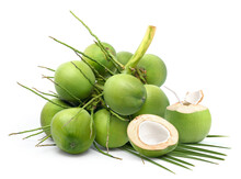 Young Green Coconut With Coconut Juice Isolated On White Background.