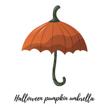 Halloween Pumpkin Umbrella. Halloween Patry Decor, Orange And Green Halloween Element For Kid Party. Isolated Vector Illustration For Poster, Banner, Cover, Menu, Advertising.