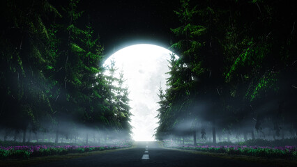 Wall Mural - the road cuts through the mountain pine forest. there are flower bushes by the side of the road. hea