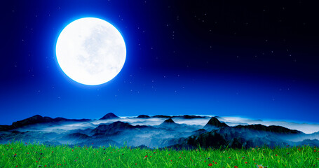 Wall Mural - full moon night bright blue light On the high mountain complex. The mountain range has fog on the top of the mountain. Fresh green fields with flowers. Full moon night nature in the middle of the fore