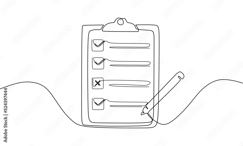 Vetor Clipboard with checklist and pen. Continuous line one drawing ...