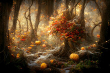 Beautiful fairytale autumn forest with pumpkins, halloween concept illustration