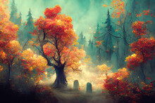 Mysterious But Beautiful Autumn Forest With Two Tombstones, Halloween Concept