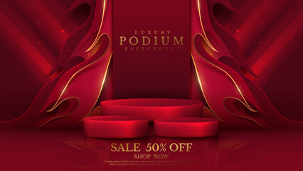 Wall Mural - Product display podium with golden curve line elements and fire pattern with glitter light effect decoration. Red luxury background.