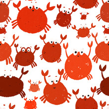 Seamless Pattern With Cute Crabs. For Cards, T-shirt Prints, Birthday, Party Invitations, Scrapbook, Summer Holidays. Funny Illustration In Red Colors